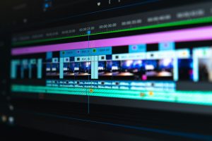 Video editing timeline with colored clips